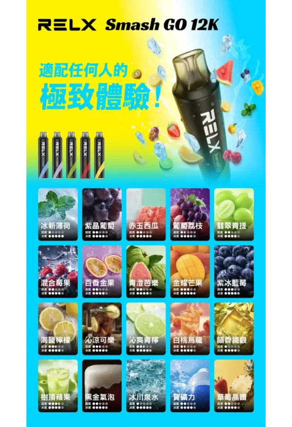 RELX Smash Go 12000 口拋棄式電子煙｜獨家防乾燒技術｜優化空氣力學配置展現均衡流暢之鮮明擊喉層次體驗