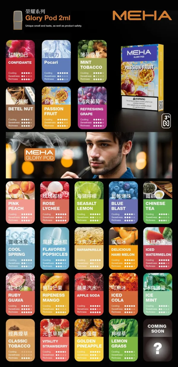 MEHA魅嗨一代通用電子煙彈｜展現細膩霧感與獨特擊喉層次風味｜防漏油結構設計完美相容主流主機